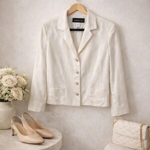 Jones New York Silk Blend Cropped Blazer Ivory Size 12 Classic Workwear Chic